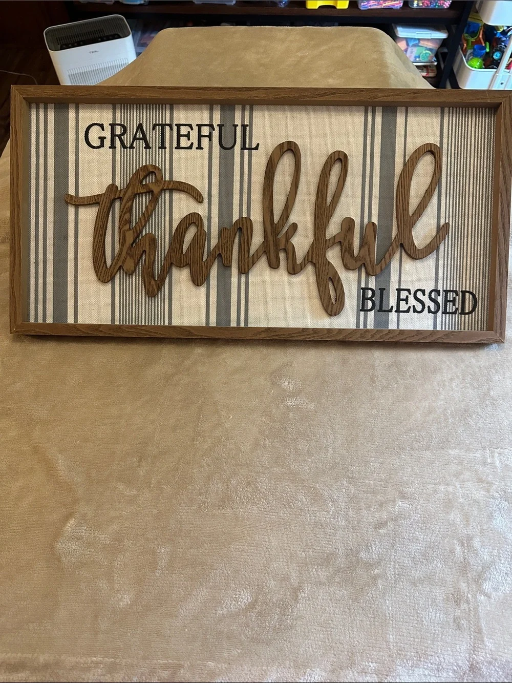 Grateful Thankful Blessed Wood Wall Sign - Neutral 24” x 12”